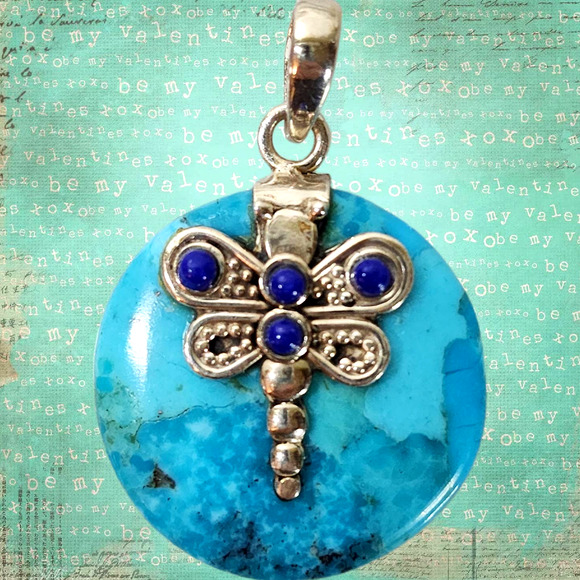 Natural Sleeping Beauty Turquoise 925 Sterling Silver Dragonfly Pendant 24mm - Picture 1 of 5